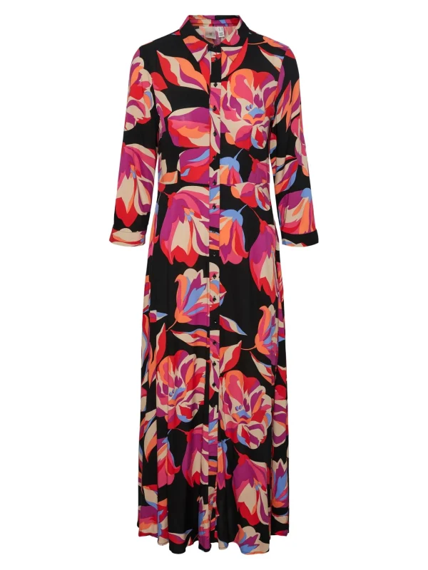 Sale YAS Savanna Long Shirt Dress Black Aop Flower Print